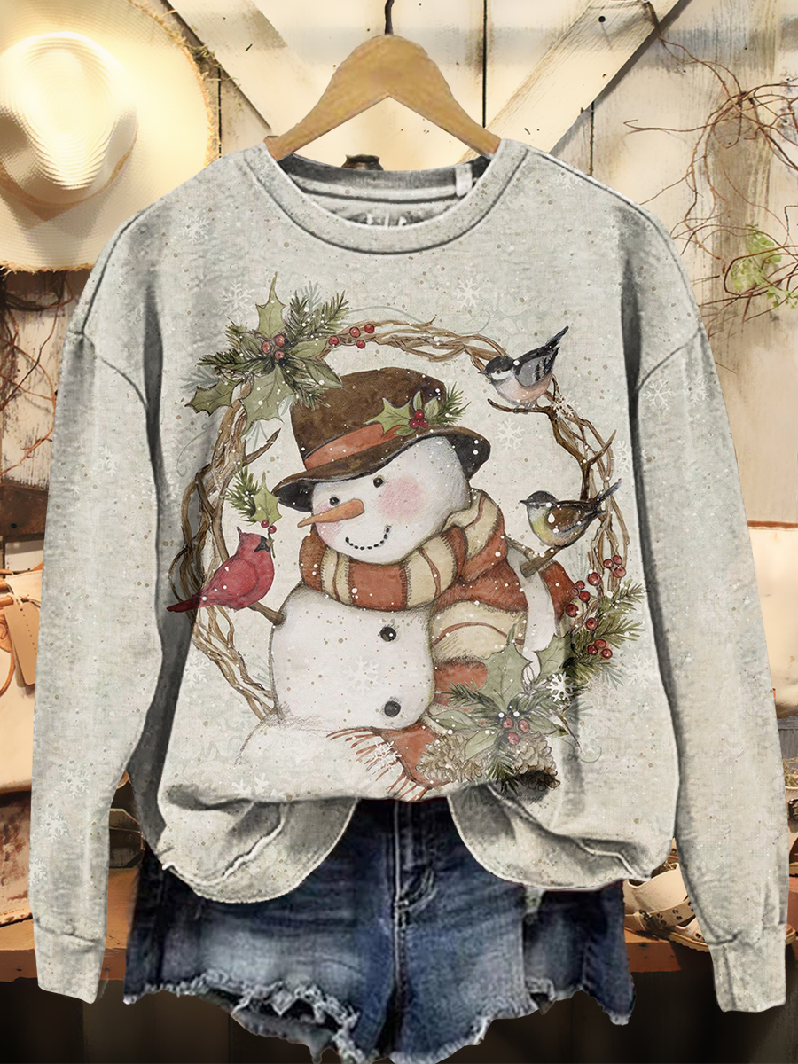 Women's Retro Christmas Art Print Casual Long Sleeve Crew Neck Sweatshirt