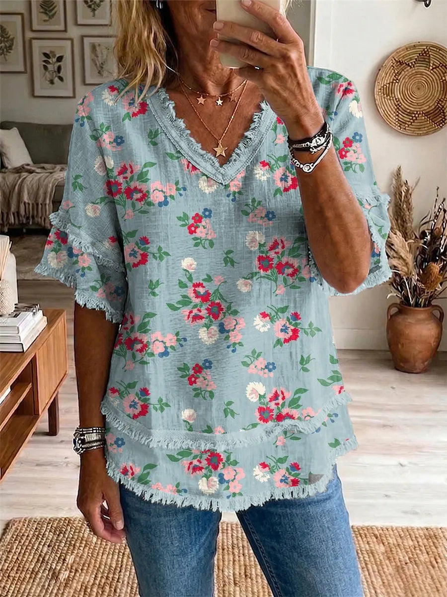 Ethnic Bohemia Flowers Women's Art Casual Patchwork V Collar Shirt