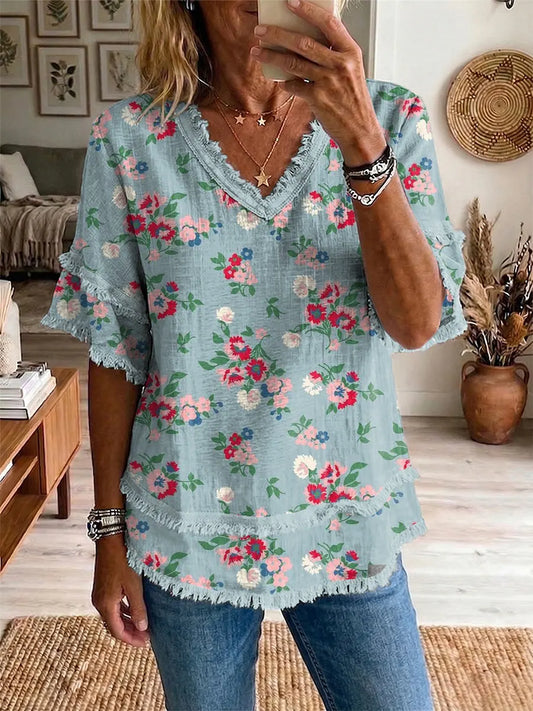 Ethnic Bohemia Flowers Women's Art Casual Patchwork V Collar Shirt