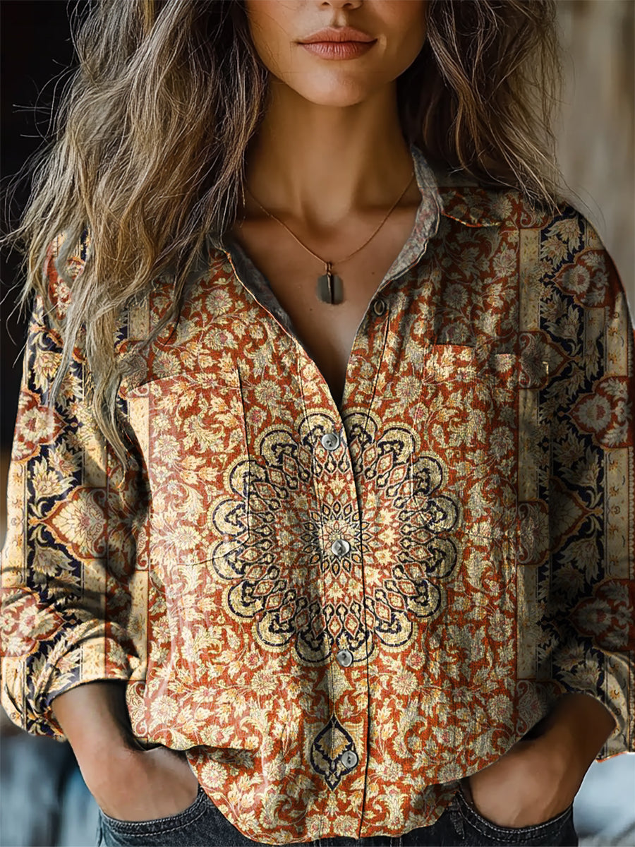 Women's Retro Ethnic Pattern Print Casual Long Sleeve Comfortable Cotton Shirt