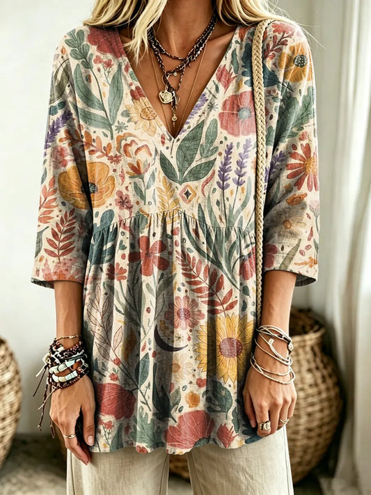 Women's Watercolor Wildflower Print V-Neck Casual Blouse