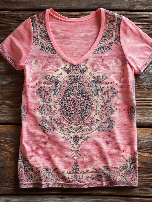 Women's National Totem Art Print V-neck Casual T-Shirt