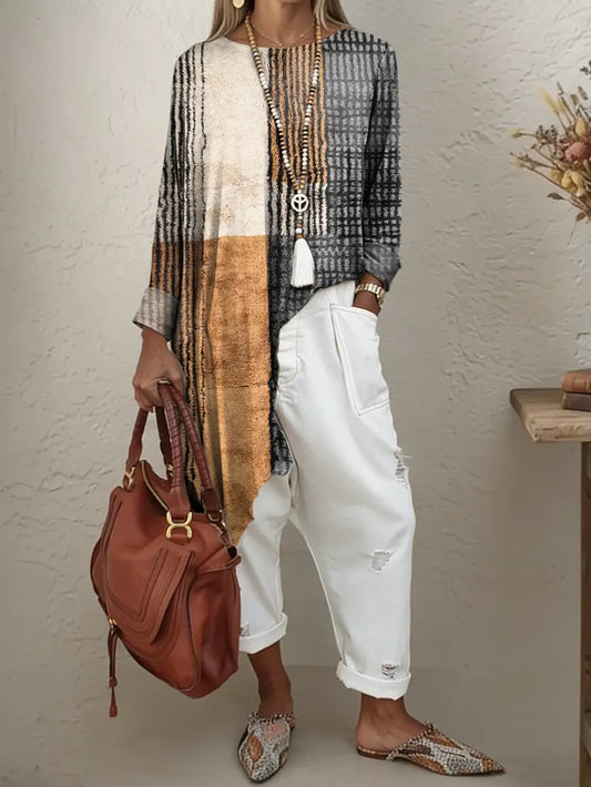 Ethnicity Geometry Color Blocks Stripes Women's Print Irregular Hem Cotton Long-sleeve T-shirt