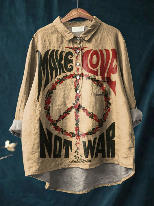 Make Love Not War Peace And Love Art Print Casual Cotton And Linen Shirt