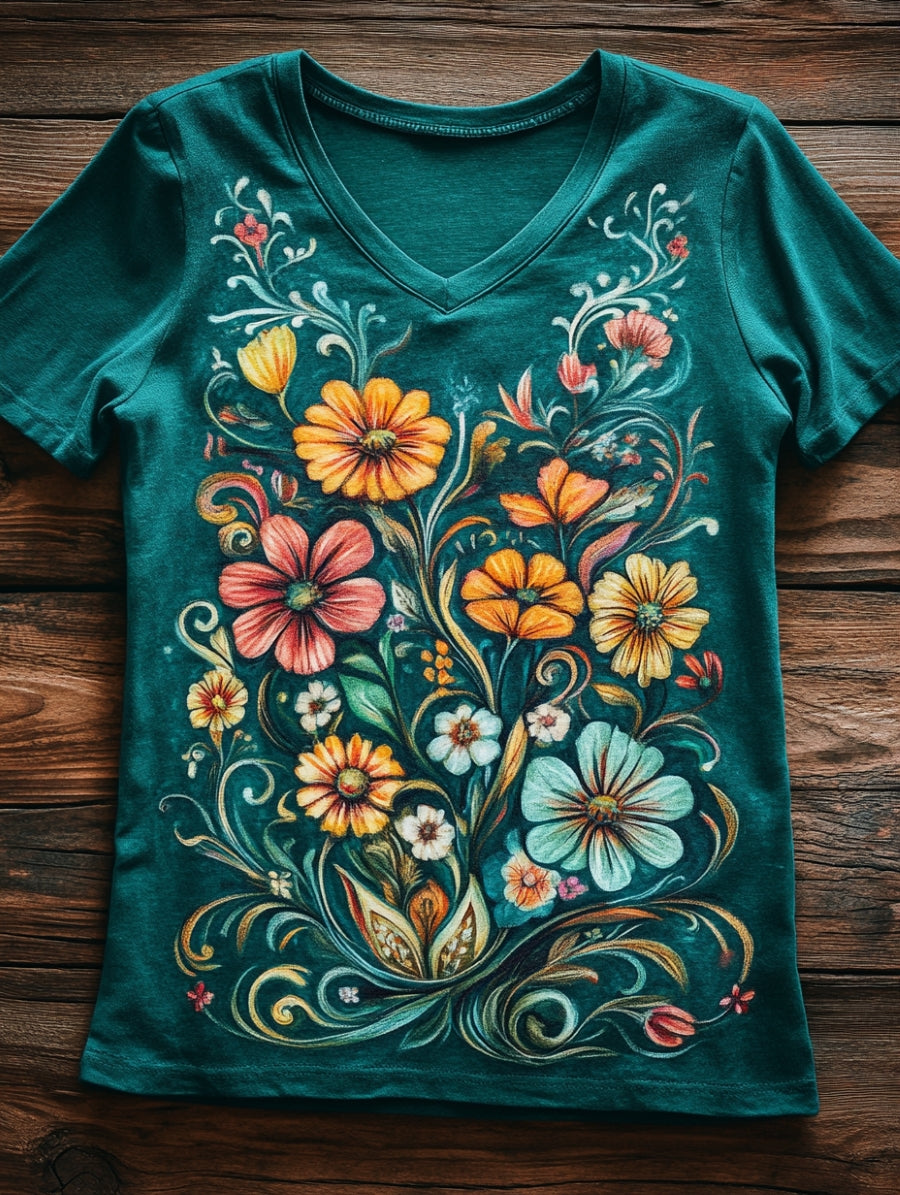 Women's Flower Art Print V-neck Casual Cotton T-Shirt