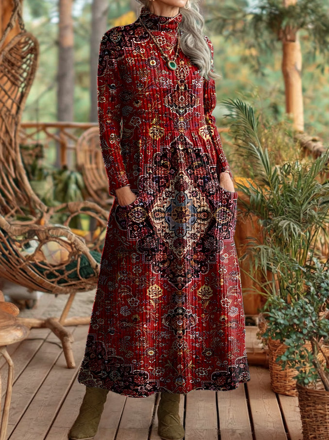Women's Vintage Ethnic Red Totem Art Prints Elegant High Neck Pocket Knit Dresses