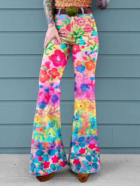 Women's Colorful Floral Patterns Print Casual Wide Leg Pants
