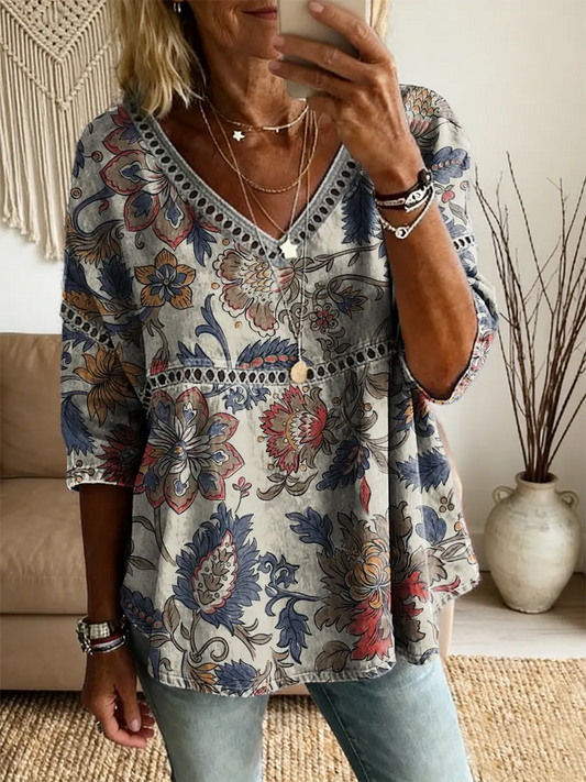 Women's Retro Floral Art Print V-Neck Lace Shirt
