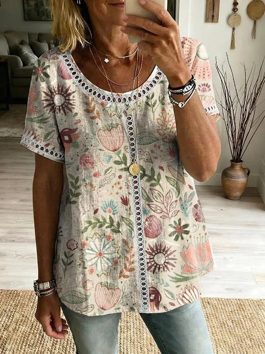Women's Retro Floral Art Print Round Neck Short Sleeve Hollow-Out Shirt
