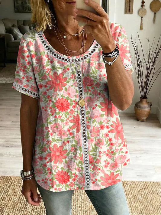 Women's Watercolor Floral Art Print Round Neck Short Sleeve Hollow-Out Shirt