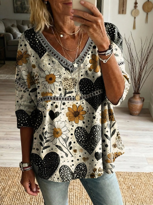 Women's Floral Heart Pattern Art Print Casual V-neck Lace Trim Top