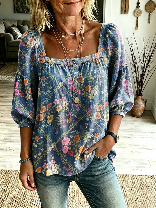 Women's Vintage Floral Art Print Casual Square-Neck Top