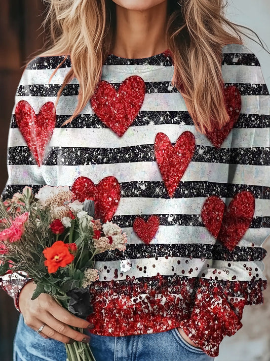 Valentine's Day Glitter Heart Stripe Print Casual Crew Neck Sweatshirt