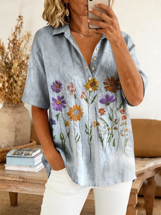 Women's Retro Floral Art Print Casual Short-sleeve Polo Shirt