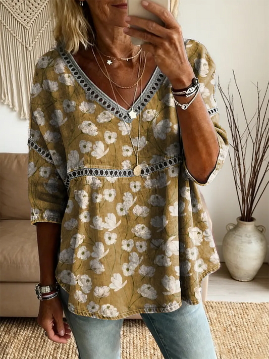 Women's Retro Floral Art Print V-Neck Lace Shirt