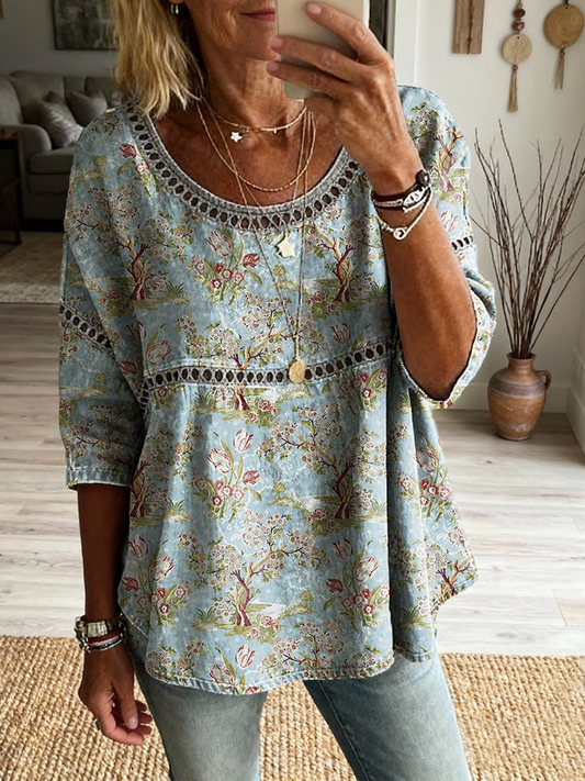 Women's Retro Floral Art Print Casual Three-quarter Sleeve Round Neck Hollow-out Top