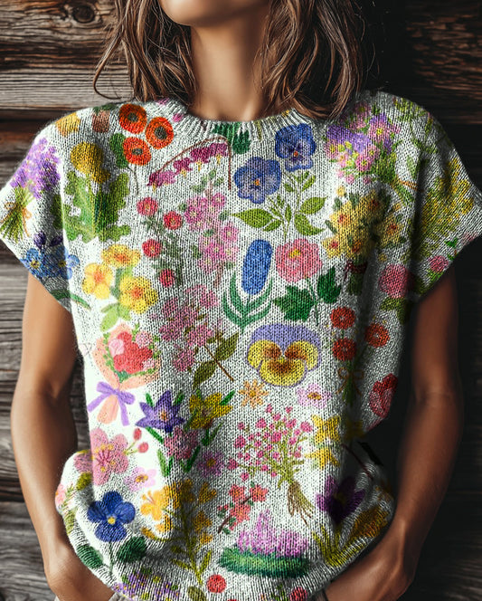 Women's Vintage Floral Art Print Casual Crew Neck Short Sleeve Knitted Sweater