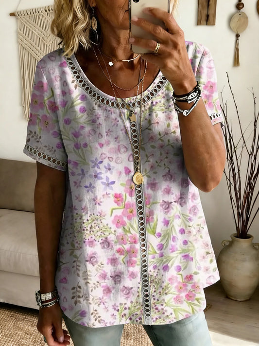 Women's Floral Art Print Casual Cutout Short-Sleeve Top