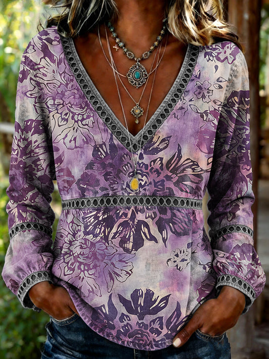 Women's Retro Floral Art Print Casual Long-sleeved V-neck Hollow-out Shirt