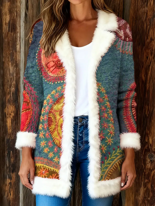 Women's Retro Ethnic Art Pattern Print Plush Knit Cardigan