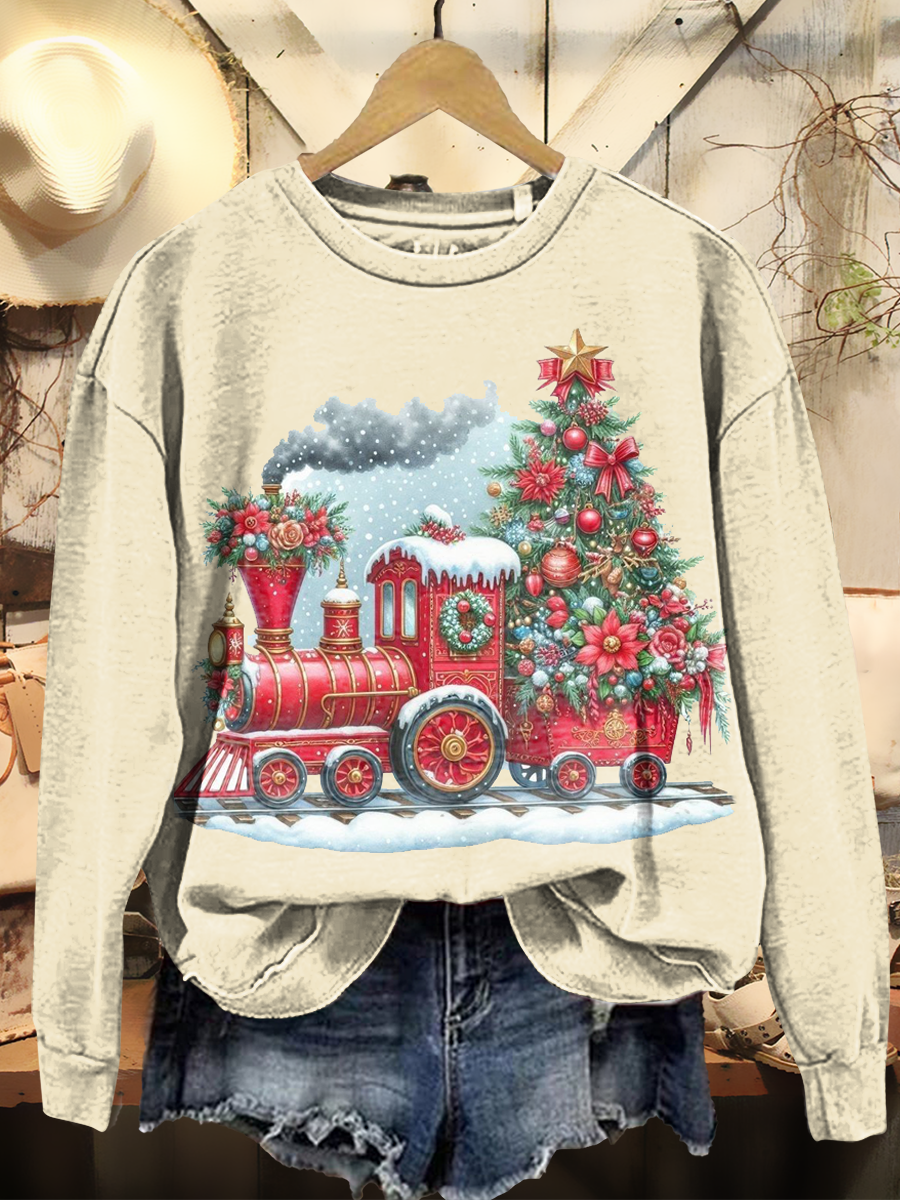 Women's Retro Christmas Art Print Casual Long Sleeve Crew Neck Sweatshirt