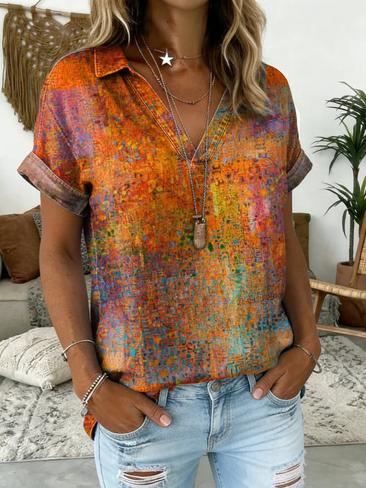 Women's Ethnic Print V-Neck Short-Sleeve Shirt