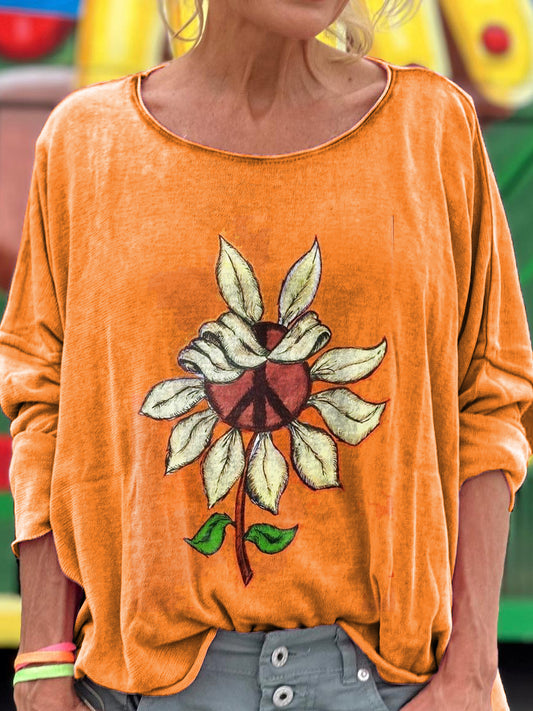 Women's Hippie Sunflower Art Print Casual Long Sleeve T-shirt