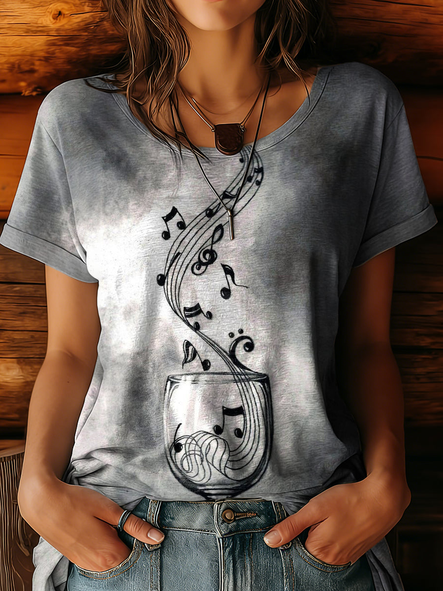 Women's Vintage Musical Notes Wine Glasses Funny Art Prints Casual Round Neck Short Sleeve Cotton T-shirt