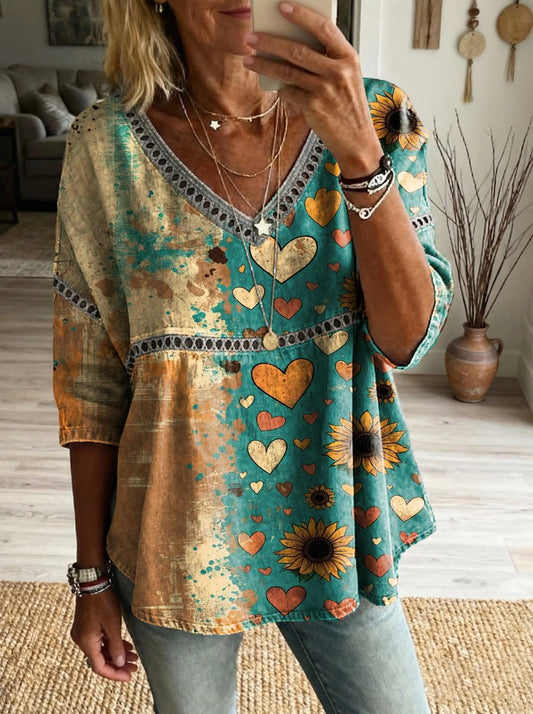 Women's Artistic Print Casual V-neck Lace-up Top With Heart-shaped Sunflower Pattern