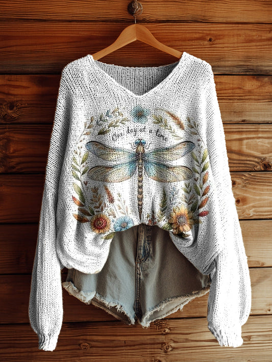 Women's Dragonfly Floral Art Print Casual Pullover Sweater