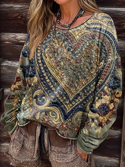 Women&#39;s Retro Totem Pattern Textured Art Print Casual Long Sleeve T-shirt