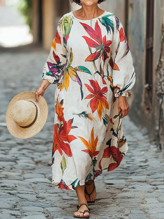 Women's Floral Art Patterns Print Pocket Cotton Dress