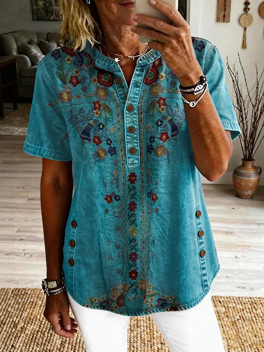 Women's Bohemian Ethnic Floral Texture Art Print Casual Short-Sleeve Washed Shirt