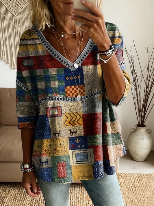 Ethnicity Patchwork Colorful Women's Vintage Art Print Casual V Neck Cutout Top