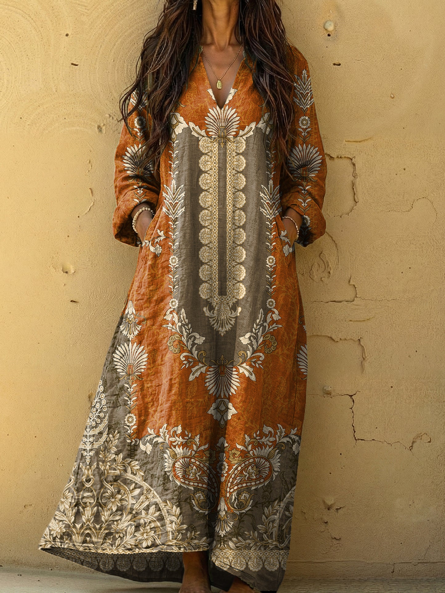 Women's Vintage Ethnic Flower Pattern Art Printed Casual V-neck Long Sleeve Cotton Dresses
