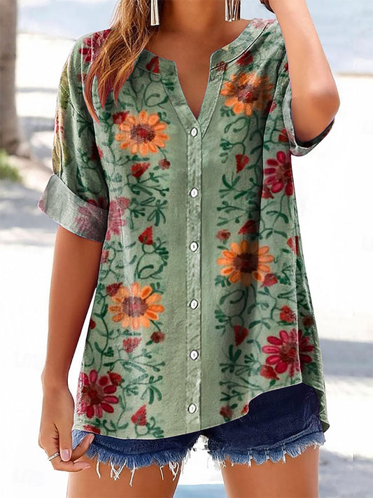 Women's Vintage Ethnic Floral Art Print Casual Cotton And Linen Shirt