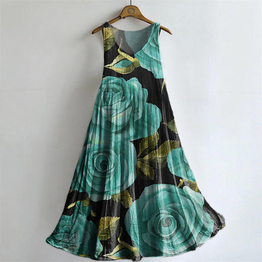Women's Floral Art Print Round Neck Sleeveless Cotton Pocket Dresses