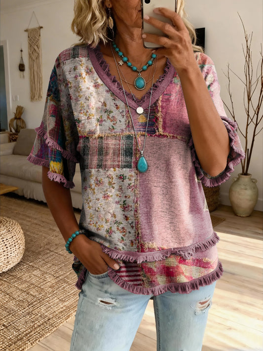 Women's Floral Patchwork Artistic Print Casual V-Neck T-Shirt