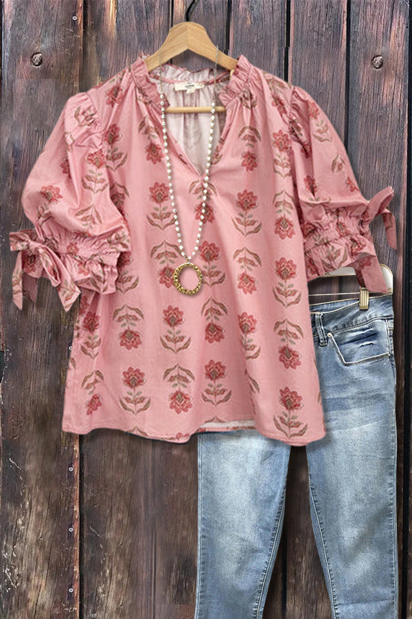 Floral Print Bow Tie Puff Sleeve Top