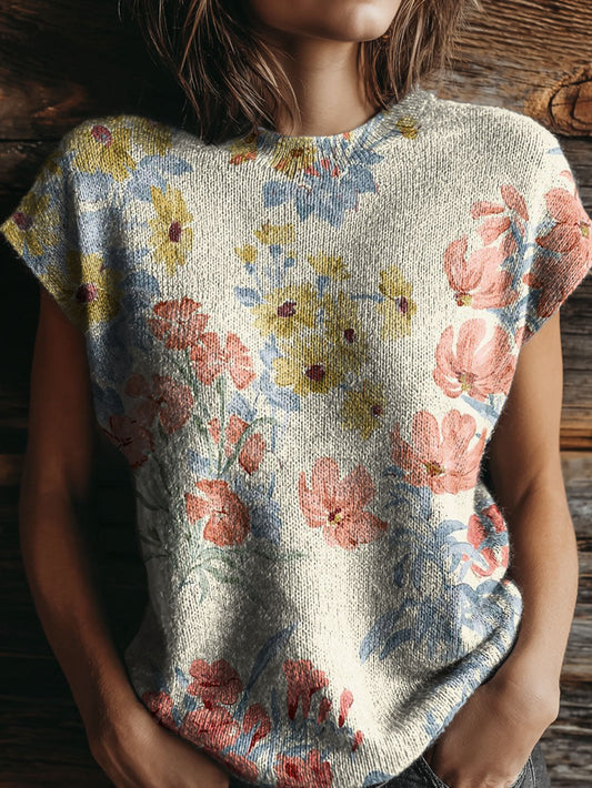 Women's Natural Flowers Pattern Art Print Casual Crew Neck Short Sleeve Knitted Sweater