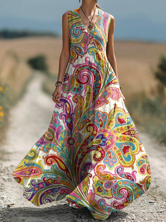 Women's Vintage Paisley Floral Art Print Sleeveless Cotton Pocket Dress