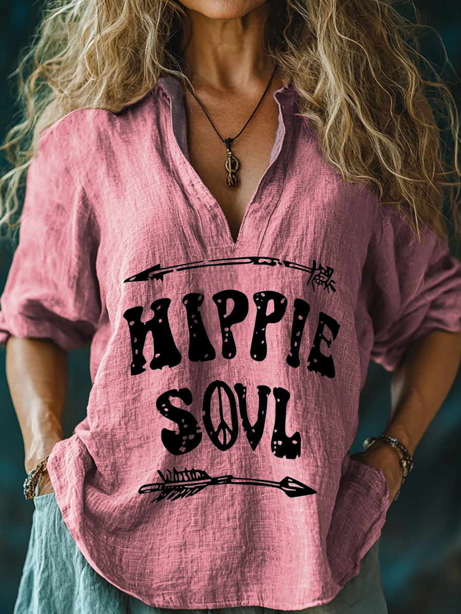Women's Hippie Soul Print Casual Linen V-neck Shirt