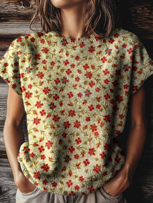 Women's Retro Ethnic Flowers Print Casual Crew Neck Short Sleeve Knitted Sweater