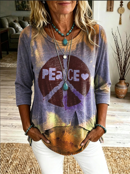 Women's Casual Round-neck T-shirt With Peace Hippie-style Art Print