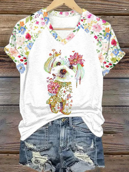 Casual Floral V Neck Short Sleeve T-shirt