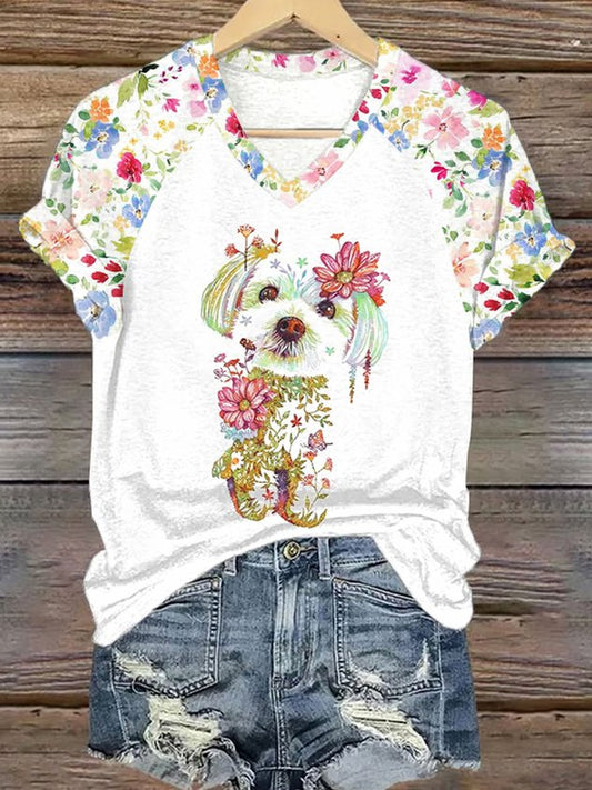 Casual Floral V Neck Short Sleeve T-shirt
