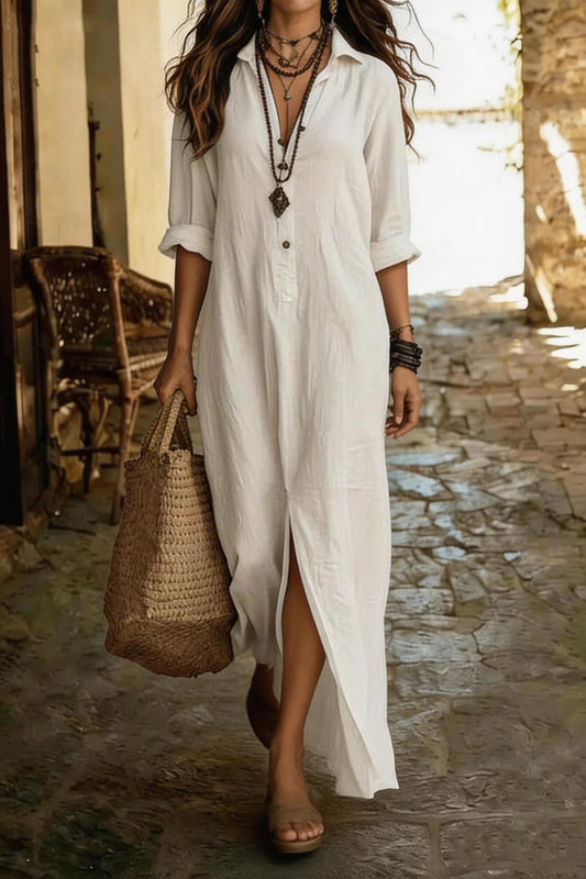 Women's Casual Long-sleeved Shirt Collar Cotton Linen Dress
