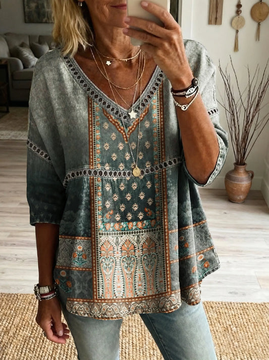 Women's Floral Pattern Art Print Casual V-neck Lace-up Top
