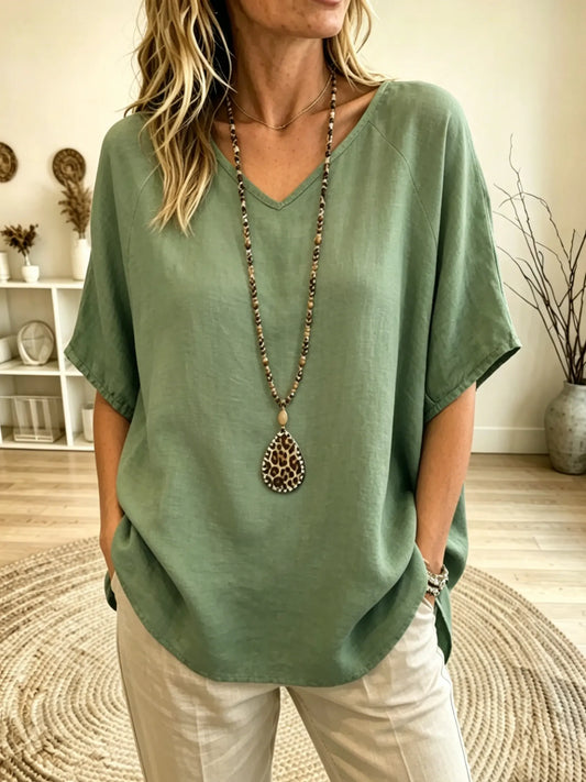 Women's V Neck Short Sleeve Linen Blouse Top