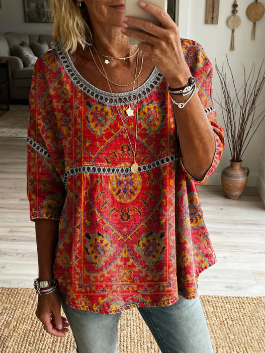 Women's Ethnic Art Print Round Neck Hollow-out Cotton Shirt